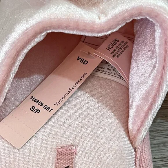 New Victoria's Secret Slippers Small 5 6 Pink Velour White Pom NWT - Picture 6 of 10